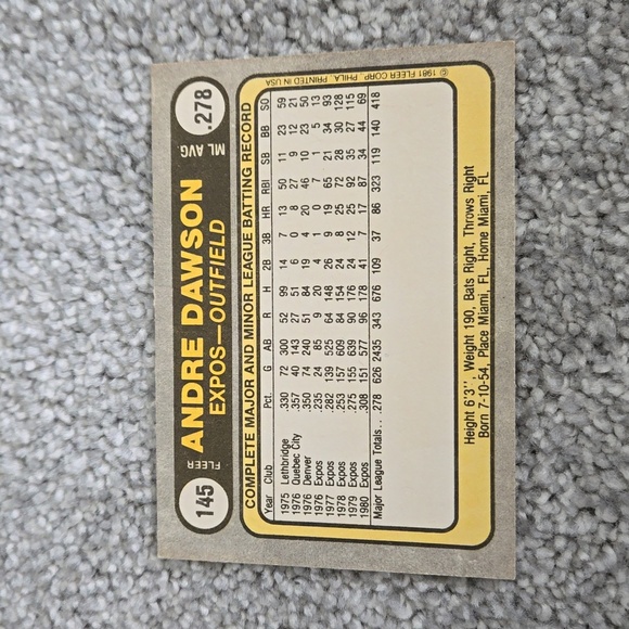 Expos Andre Dawson Outfield 1981 Baseball Card - Picture 2 of 4